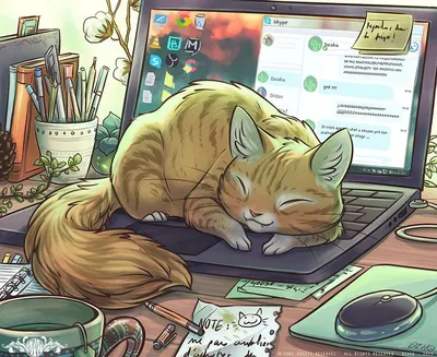 Нарисованный рыжий кот спит на клавиатуре ноутбука | Картинка на аву