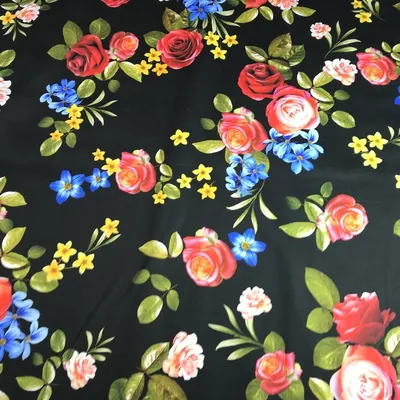 Сатин плательно-рубашечный цветы на черном фоне MII 06082114 - купить в  интернет-магазине тканей в Москве