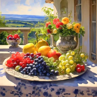 Натюрморт с фруктами, Сергей Постников- картина, фрукты, яблоки и груши на  столе, чайник, скатерть