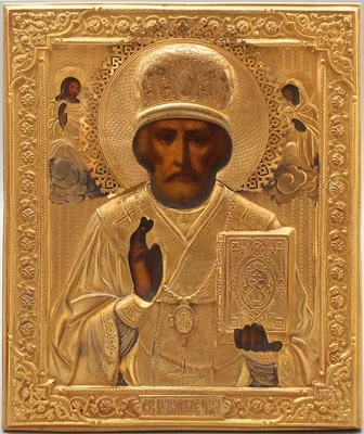 Николай Чудотворец, с житием, икона печатная на деревянной доске