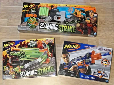 Four Nerf Guns - Firestrike Elite XD, Dark Tag StrikeFire, Nerf Zombie  Strike Double strike, Nerf Scout A Nerf Blaster is a toy Stock Photo - Alamy