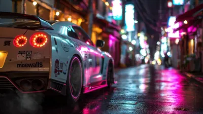 Nissan G-TR Nismo R35 Neon Rainy Night Street Live Wallpaper - MoeWalls