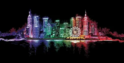 Иллюстрация ночной город в стиле 2d, компьютерная графика |