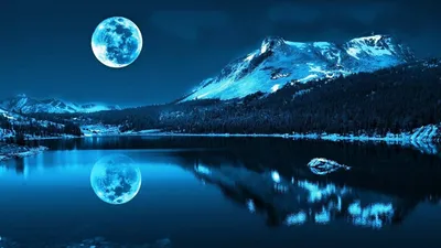 Обои озеро, гора, ночь, луна на рабочий стол