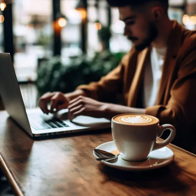 Laptop, Books And Coffee Cup On A Wooden Table In A Dark Room Free Image  and Photograph 198368252.