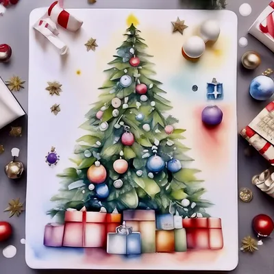 Акварель новогодняч елка, много …» — создано в Шедевруме