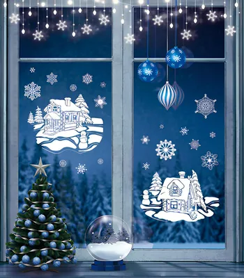 Новогодние наклейки на окна и стены \"Новогодние домики\", для декора на  новый год, двусторонние, размер листа 23,7х33 см купить по выгодной цене в  интернет-магазине OZON (1245682407)