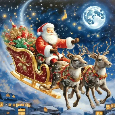 Новогодний Санта в санях олени в …» — создано в Шедевруме