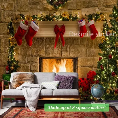 Большие Рождественские Настенные обои, 3D имитация камина, Санта-Клаус,  олень, снег, фреска, нетканое полотно, фотообои на новый год | AliExpress