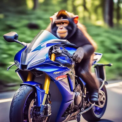 Обезьяна на спортивном мотоцикле, …» — создано в Шедевруме