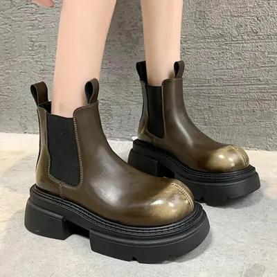 ₪144-Женская обувь, распродажа 2023, женские ботинки высокого качества с  рукавами, зимние однотонные туфли на толстом каблуке с кругл-Description