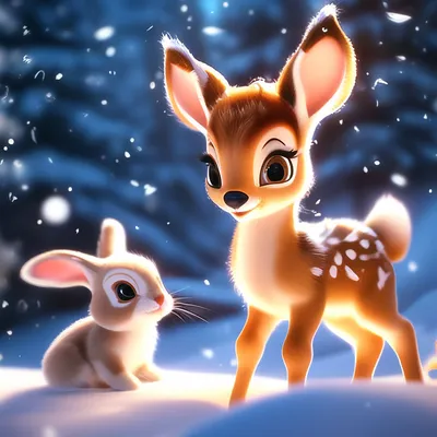 Зима маленький олененок Бэмби играет…» — создано в Шедевруме