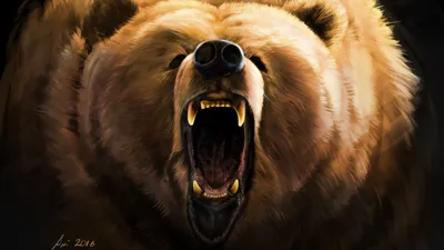 Скачать 1920x1080 медведь, оскал, злой, клыки, арт обои, картинки full hd,  hdtv, fhd, 1080p