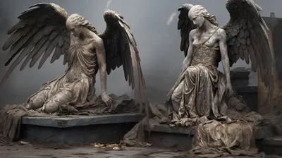 две статуи ангелов с лицами покрытыми обломками, фото настоящих падших  ангелов фон картинки и Фото для бесплатной загрузки
