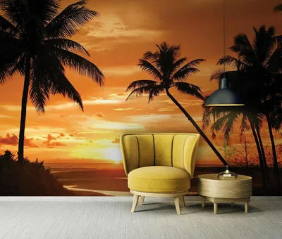Картинка: пальмы, закат, вид снизу
