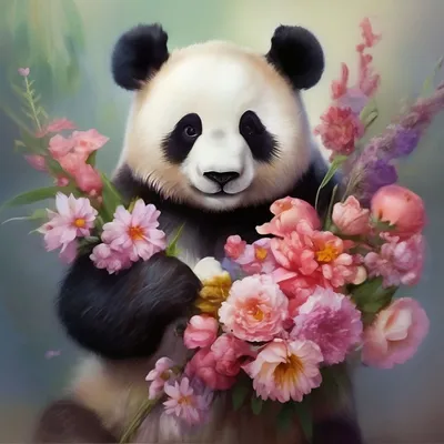 Панда в цветах, красивая, пушистая, …» — создано в Шедевруме