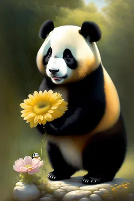 Панда с цветами в руке» — создано в Шедевруме