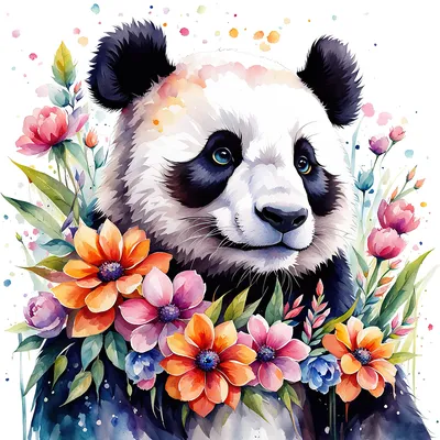 Панда с цветами и котом» — создано в Шедевруме