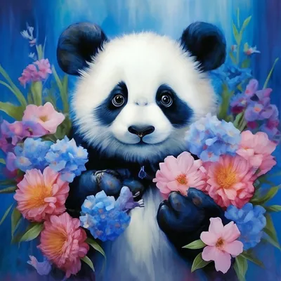 Панда в руках цветы» — создано в Шедевруме