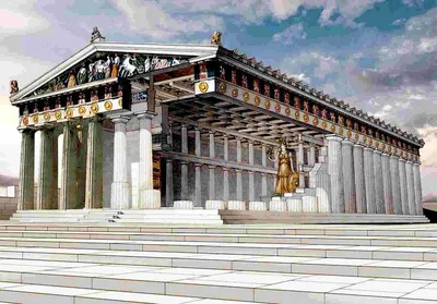 Парфенон - храм Афины Девы. Уникальна гигантская статуя Афины,  разработанная Фидием, сделанная из золота и слоновой кости.