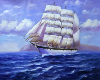 Картина Морской пейзаж маслом \"Парусник. Встречающий рассвет\" 50x60  KI151208 купить в Москве