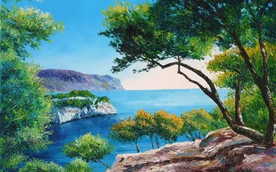 Обои на рабочий стол Морской пейзаж: скалы, ведущие к морю, множество  деревьев с пышными кронами, арт от французского художника Jean-Marc  Janiaczyk, обои для рабочего стола, скачать обои, обои бесплатно