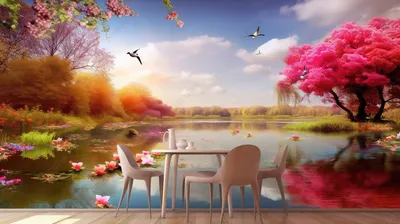 красочные пейзажи 3d цветочных обоев в столовой, 3d фреска красочные обои  пейзаж цветы и деревья и озеро вода небо и облака с птицами, Hd фотография  фото, пейзаж фон картинки и Фото для