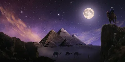 Обои на рабочий стол Египетские пирамиды на фоне ночного неба и полной  Луны, всадник на верблюде на переднем плане, by Peter Fischer, обои для  рабочего стола, скачать обои, обои бесплатно
