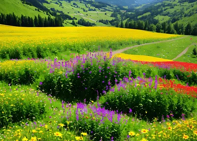 красочные полевые цветы цветут в широкой долине, гора, природа, долина фон  картинки и Фото для бесплатной загрузки