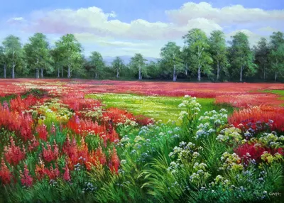 панно Цветочная поляна 002, коллекция Пейзаж 2. Стиль: панно, Цвет: бежевый