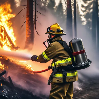 Пожарник тушит пожар, позади него …» — создано в Шедевруме