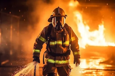 Пожарный тушит лесной пожар, , …» — создано в Шедевруме