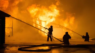 Пожарный тушит огонь водой и огнетушителем генеративный ии | Премиум Фото