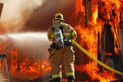 Пожарная машина тушит пожар пламя …» — создано в Шедевруме