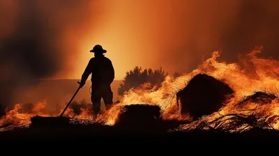 Пожарный тушит пожар в природе стоковое фото ©EvgeniyShkolenko 502720554