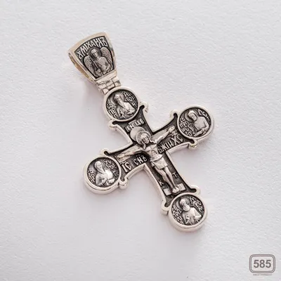Купить православный крест из резного коньячного янтаря на серебряной завеске