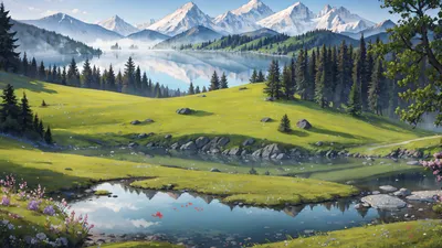 Картинки природа, пейзаж, горы, домик, озеро, туман, тучи - обои 1920x1080,  картинка №156585