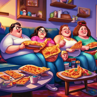 Семья толстых людей сидят на диване…» — создано в Шедевруме