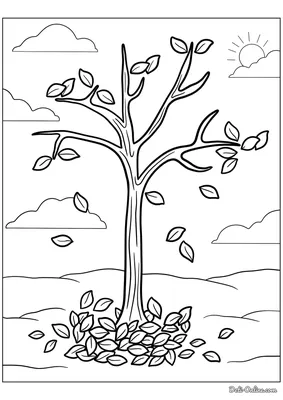 Раскраска Голое дерево осенью с опадающими листьями распечатать или скачать
