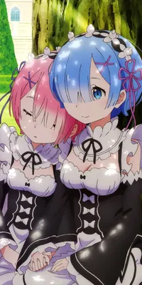 Обои на рабочий стол Rem / Рем и Ram / Рам, из аниме Re: Zero kara Hajimeru  Isekai Seikatsu / Re: Жизнь с нуля в параллельном мире, art by Pixiv Id  3782925,