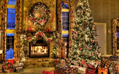 Скачать обои огни, подарки, рождество, новый год, дом разрешение 1600x900  #24229