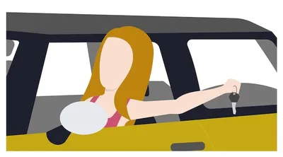 Девушка в машине вытягивает руку из окна и с ключами в руке. плоский стиль.  | Премиум векторы