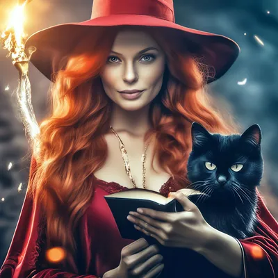 Красивая рыжая ведьма, в шляпе, с …» — создано в Шедевруме