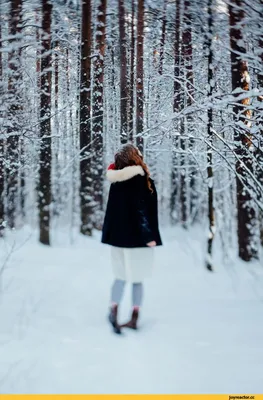 Фото Девушка с огненно - рыжими волосами, с розами в руке, идёт босиком по  снегу, по зимнем лесу, над головой её, на дереве сидит ворон и зловеще  каркает. Лепестки роз падают на