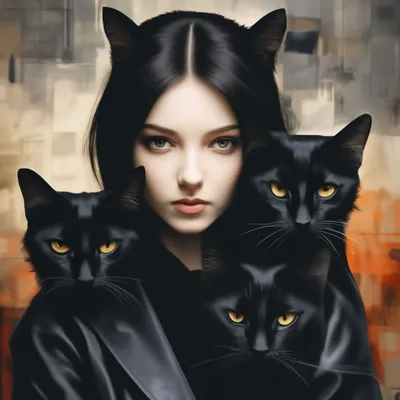 Красивые девушка с чёрными котами…» — создано в Шедевруме