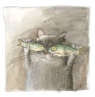Кот с рыбой в зубах рисунок чб вектор on Craiyon