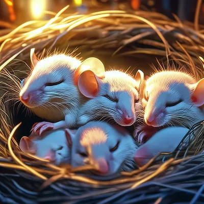 Мышка с мышатами спят в гнезде, …» — создано в Шедевруме
