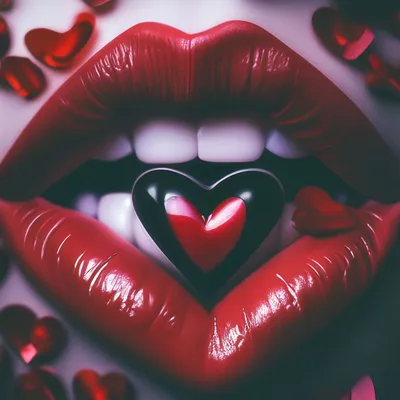 Бесшовный узор с надписью Love, красными губами и сердечками на белом фоне.  Векторное изображение. - Ozero - российский фотосток