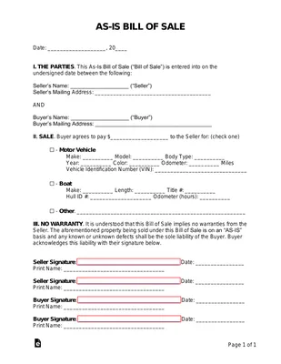 Free As-Is (No Warranty) Bill of Sale Template - PDF | Word – eForms