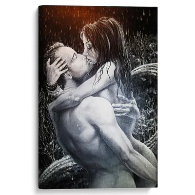 Современная картина на холсте \"Страстный поцелуй под дождем\"